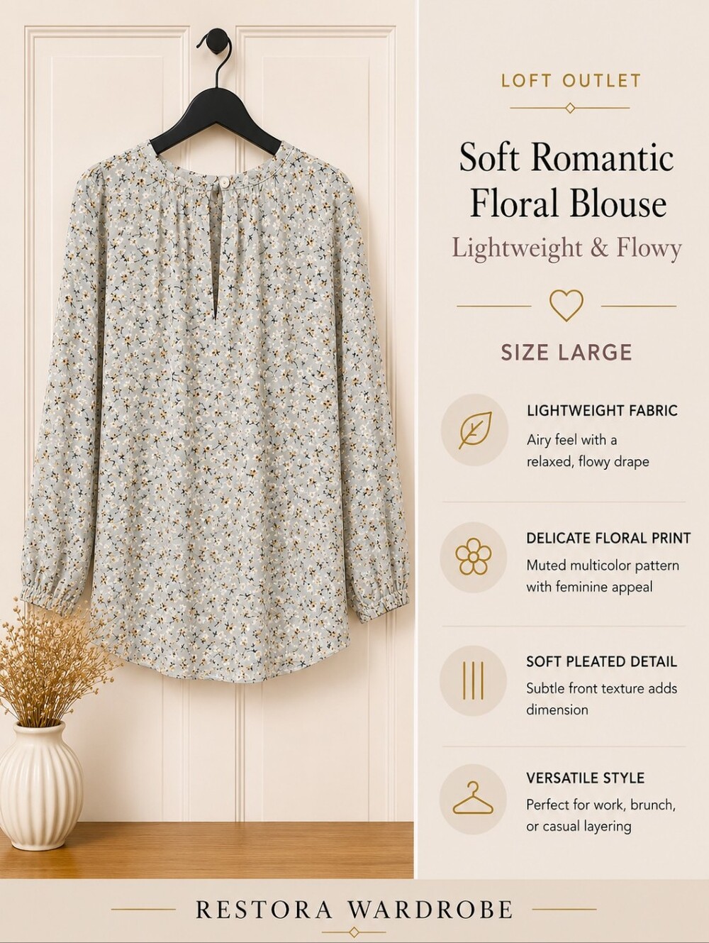 LOFT Floral Blouse Gray Pleated Long Sleeve Button Front L Romantic